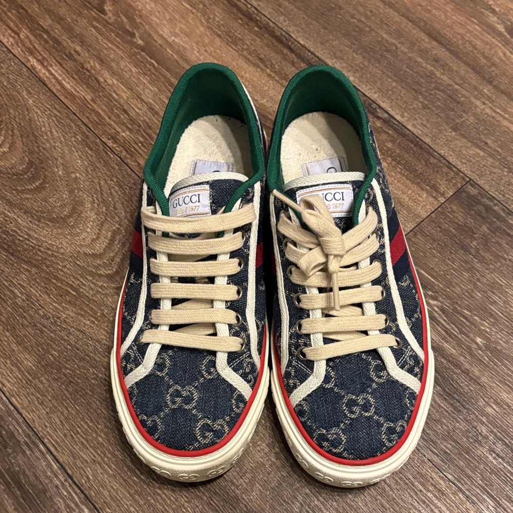 Gucci Women’s Denim and Red Stripe Sneakers